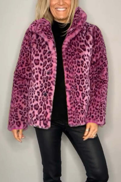 Stylish Leopard Print Lapel Faux Fur Mid-length Coat