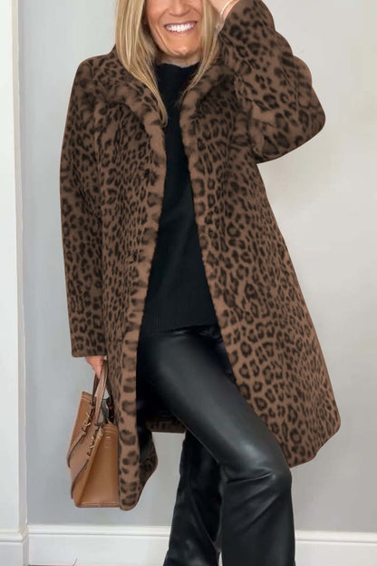 Stylish Leopard Print Lapel Faux Fur Mid-length Coat