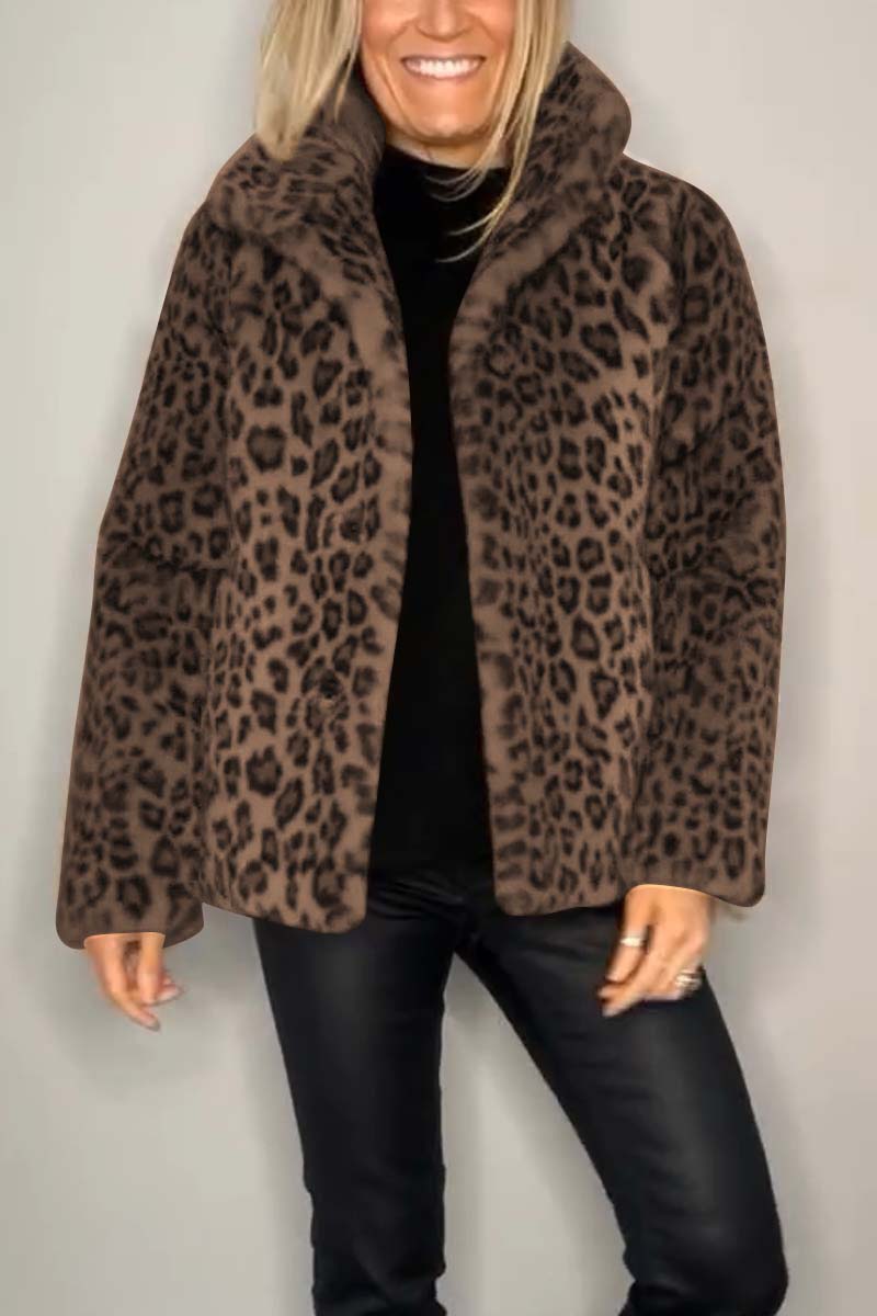 Stylish Leopard Print Lapel Faux Fur Mid-length Coat