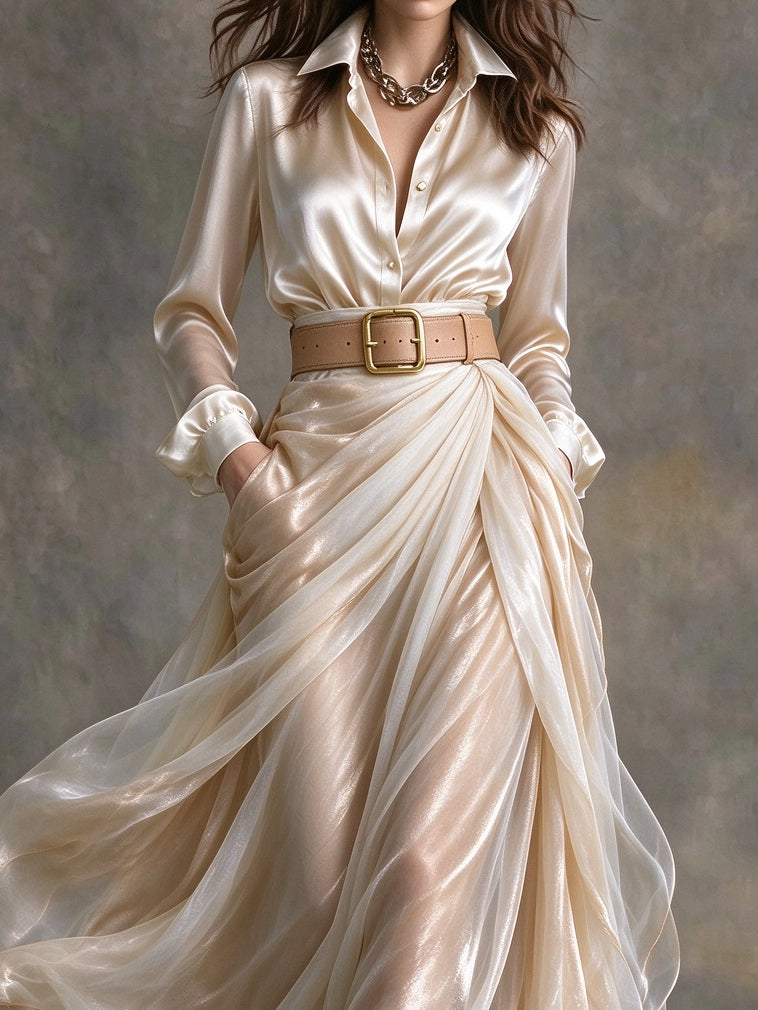Cream satin shirt and pleated maxi skirt set (includes belt)