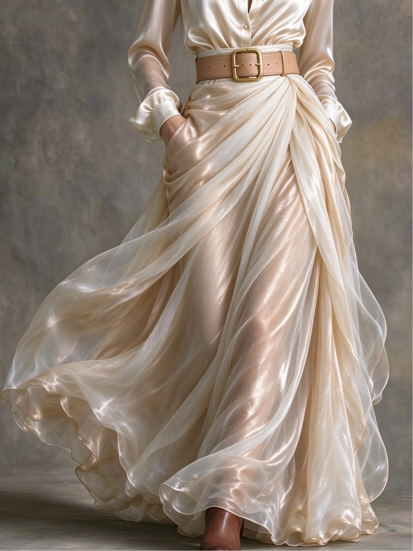 Cream satin shirt and pleated maxi skirt set (includes belt)
