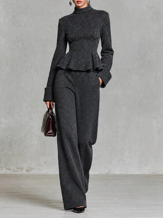 High Neck Peplum Top Wide Leg Pants Two Piece Set