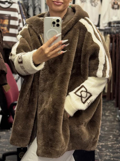 Plush Hooded Vertical Stripe Printed Casual Coat