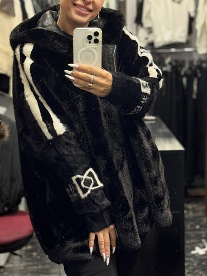 Plush Hooded Vertical Stripe Printed Casual Coat