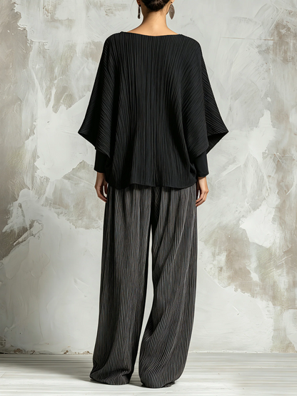 Relaxed Pleated Batwing Top and Wide-Leg Pants Two-Piece Set