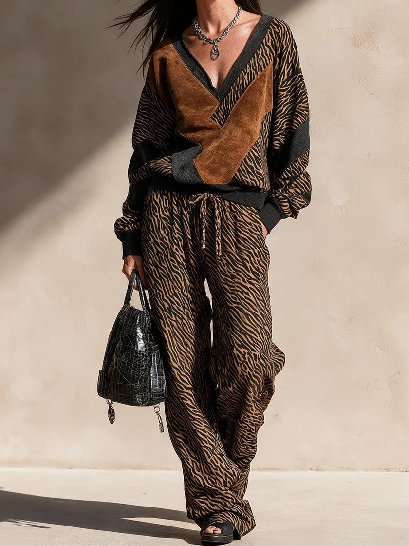 Tiger Print Faux Suede Patch Knit Two Piece Set