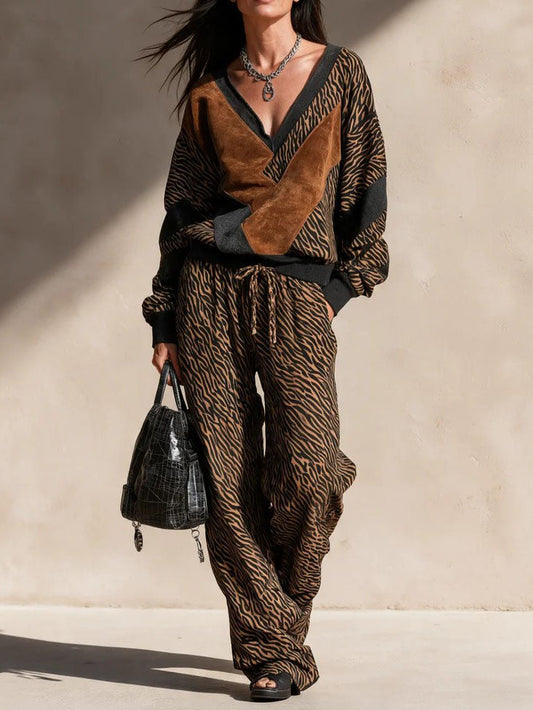 Tiger Print Faux Suede Patch Knit Two Piece Set