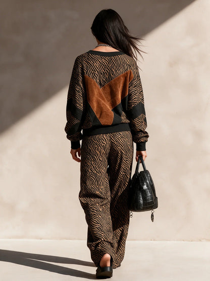 Tiger Print Faux Suede Patch Knit Two Piece Set