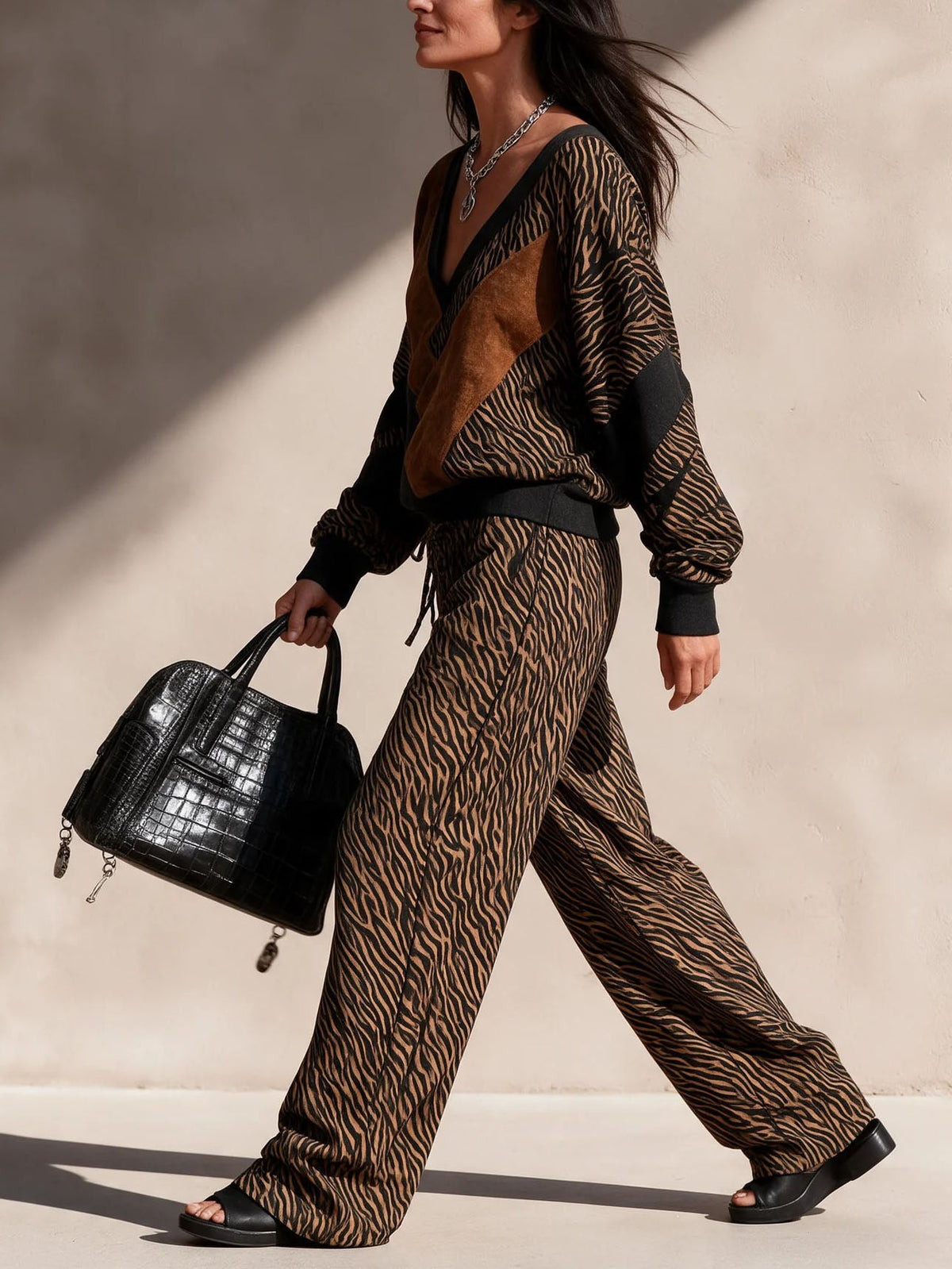 Tiger Print Faux Suede Patch Knit Two Piece Set