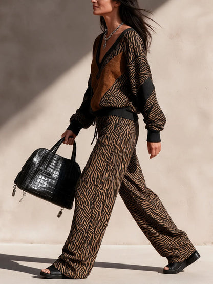 Tiger Print Faux Suede Patch Knit Two Piece Set