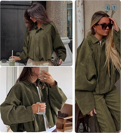 Womens Suede Lapel Pilot Cropped Jacket