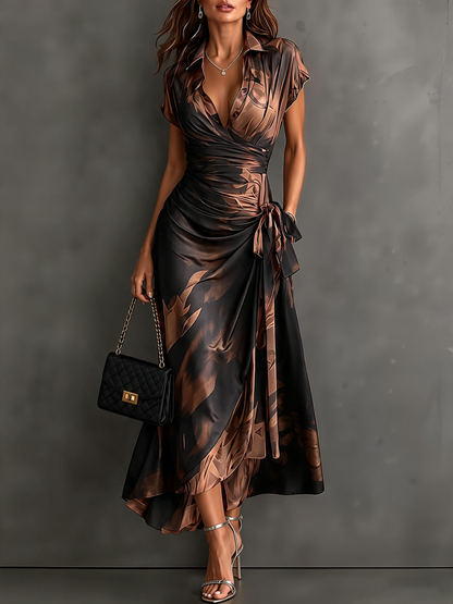 Red and Black Abstract Print Wrap Midi Dress, V-Neck Collared, Short Sleeve, Tie Waist, Asymmetrical Hem with Ruffles