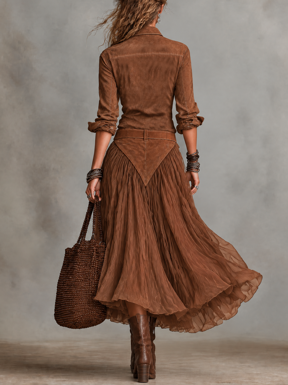 Brown Faux Suede Shirt And Flowy Tulle Midi Skirt Set (Belt included)