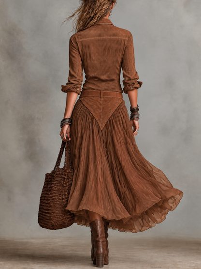 Brown Faux Suede Shirt And Flowy Tulle Midi Skirt Set (Belt included)