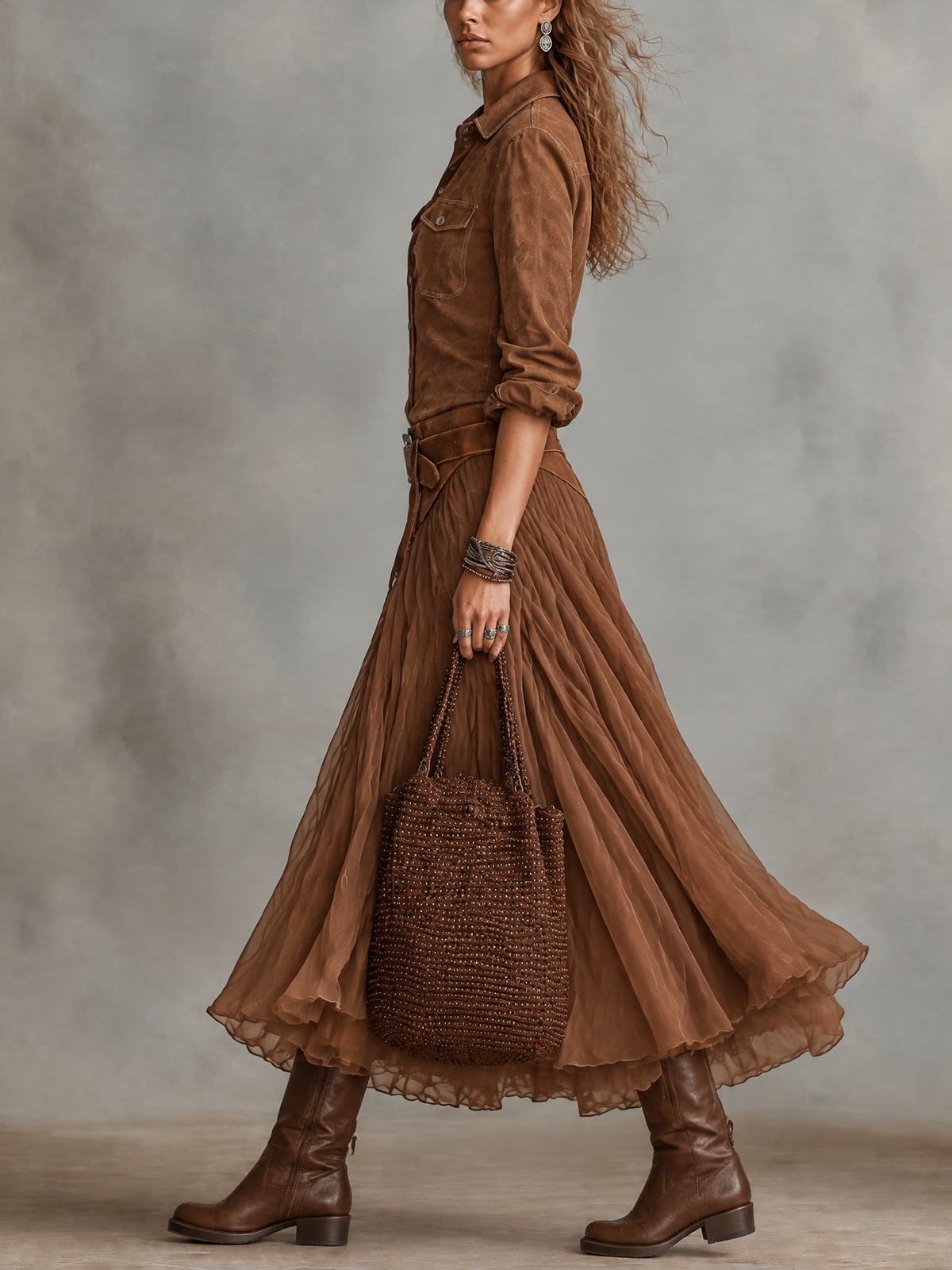 Brown Faux Suede Shirt And Flowy Tulle Midi Skirt Set (Belt included)