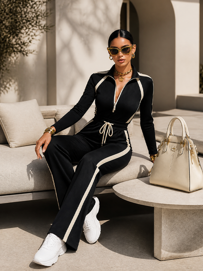 Black Contrast Stripe Tracksuit Set Half Zip Collar Top & Drawstring Waist Wide Leg Pants