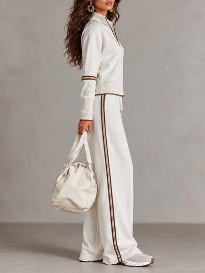 White Half-zip Collar Ribbed Sweatshirt And Color-blocked Wide-leg Pants Suit