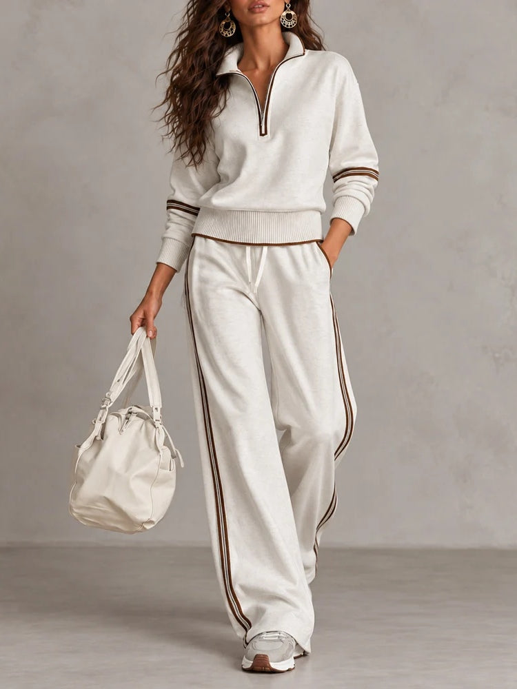 White Half-zip Collar Ribbed Sweatshirt And Color-blocked Wide-leg Pants Suit