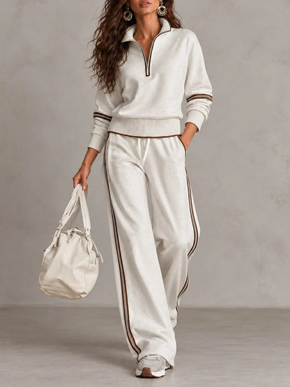 White Half-zip Collar Ribbed Sweatshirt And Color-blocked Wide-leg Pants Suit