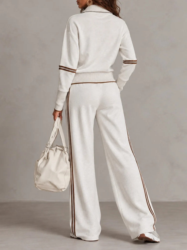 White Half-zip Collar Ribbed Sweatshirt And Color-blocked Wide-leg Pants Suit