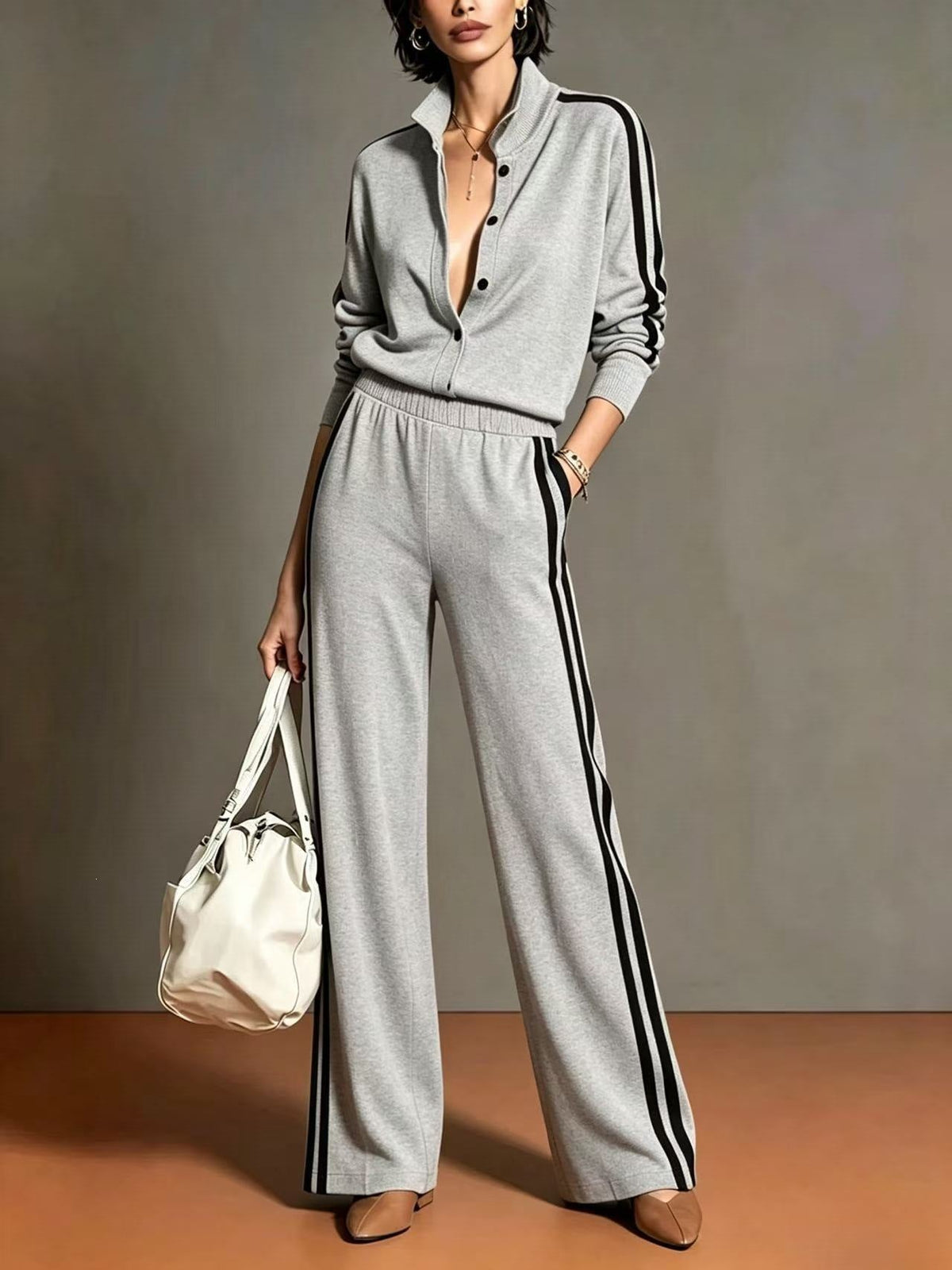 Camel Color-blocked Single-breasted Top And Wide-leg Pants Suit