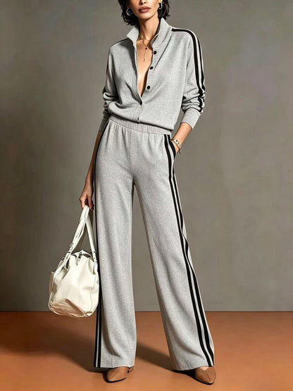 Camel Color-blocked Single-breasted Top And Wide-leg Pants Suit