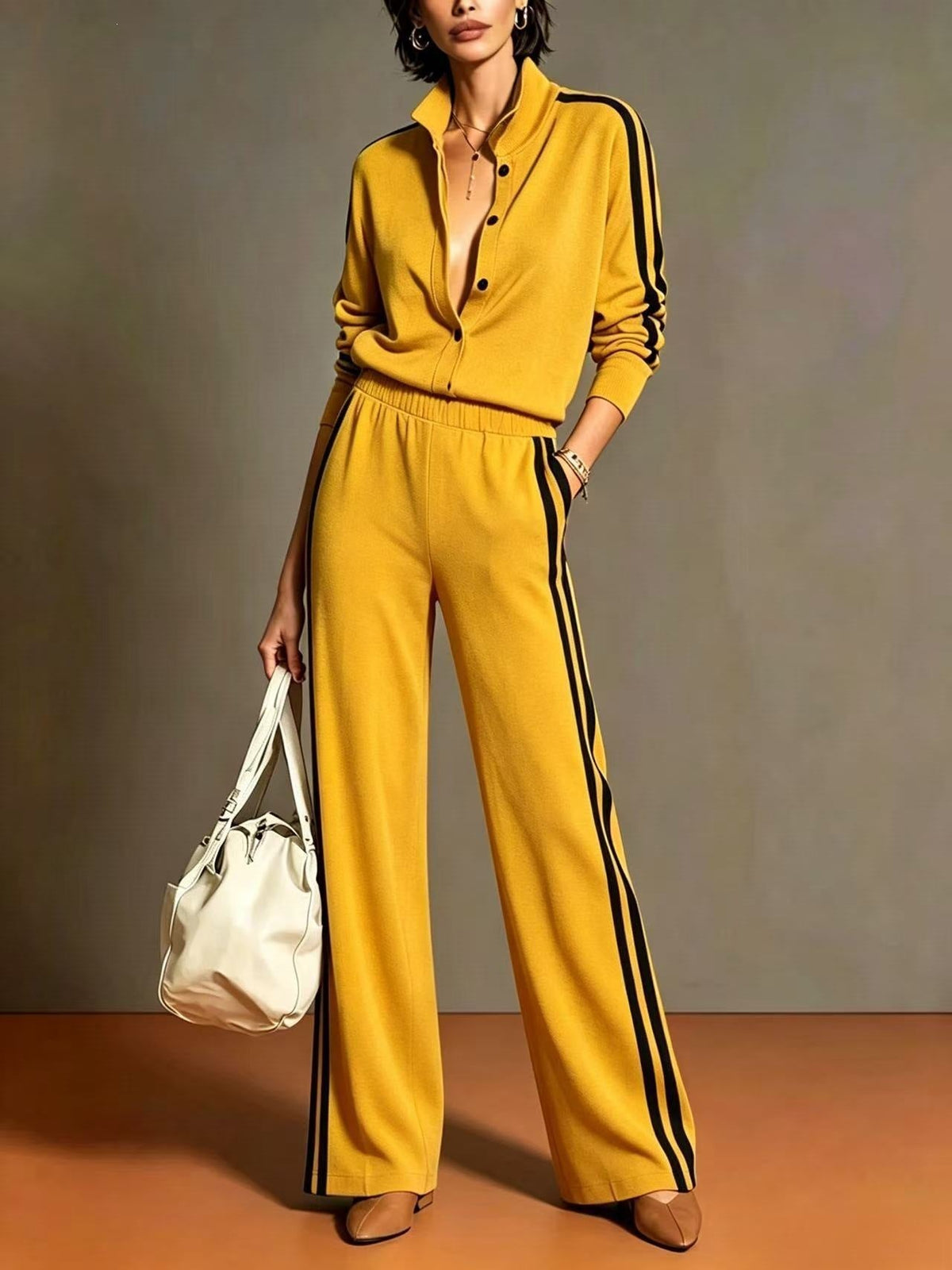 Camel Color-blocked Single-breasted Top And Wide-leg Pants Suit