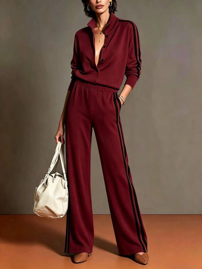 Camel Color-blocked Single-breasted Top And Wide-leg Pants Suit