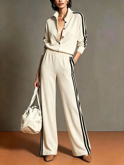 Camel Color-blocked Single-breasted Top And Wide-leg Pants Suit