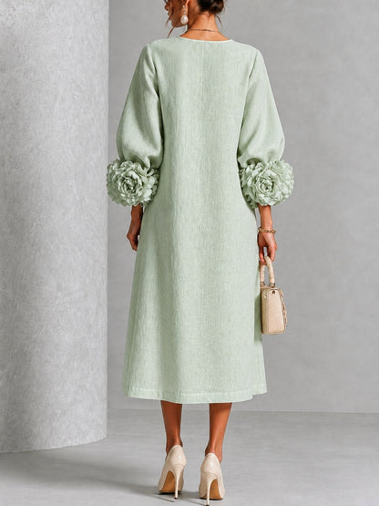 Mystic Sage Midi Dress with Flower Buttons and Extravagant Flower Sleeves