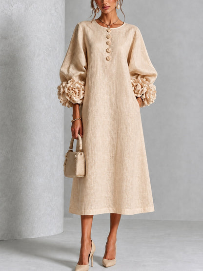 Beige Midi Dress with Flower Buttons and Extravagant Flower Sleeves