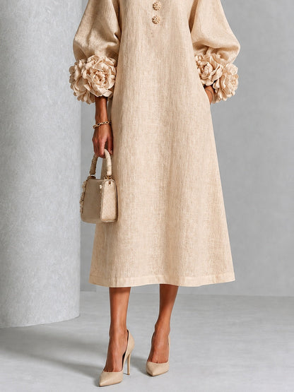 Beige Midi Dress with Flower Buttons and Extravagant Flower Sleeves