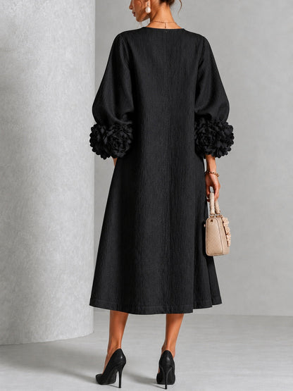 Black Floral Midi Dress with Buttons and Extravagant Floral Sleeves