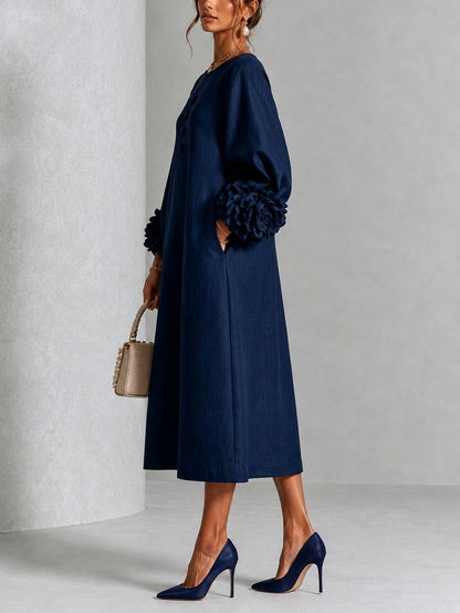 Navy Blue Midi Dress with Floral Buttons and Extravagant Floral Sleeves
