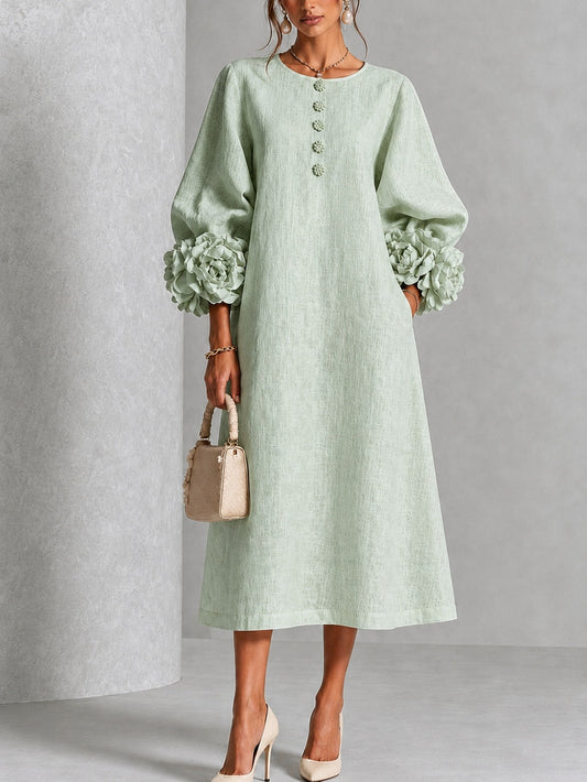 Mystic Sage Midi Dress with Flower Buttons and Extravagant Flower Sleeves