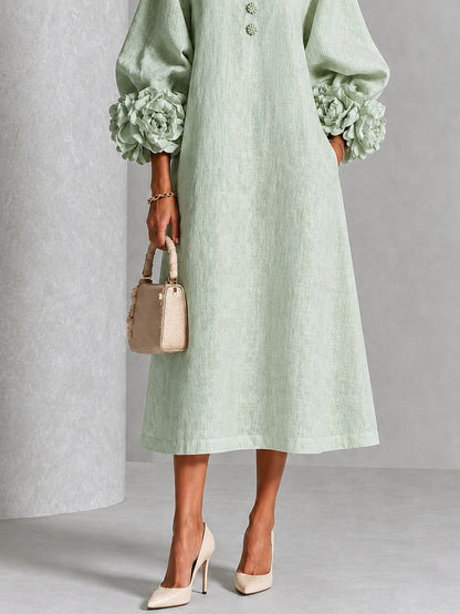 Mystic Sage Midi Dress with Flower Buttons and Extravagant Flower Sleeves