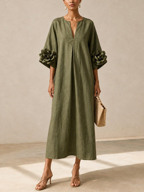 Olive Green Midi Dress with V-Neck and Extravagant Floral Sleeves