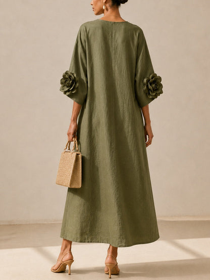 Olive Green Midi Dress with V-Neck and Extravagant Floral Sleeves