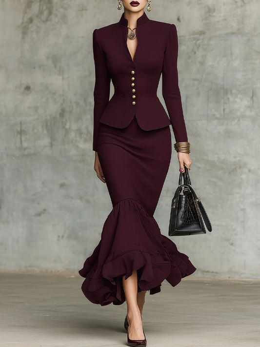 Burgundy Ruffled Hem Top and Skirt Set with Gold-Tone Buttons