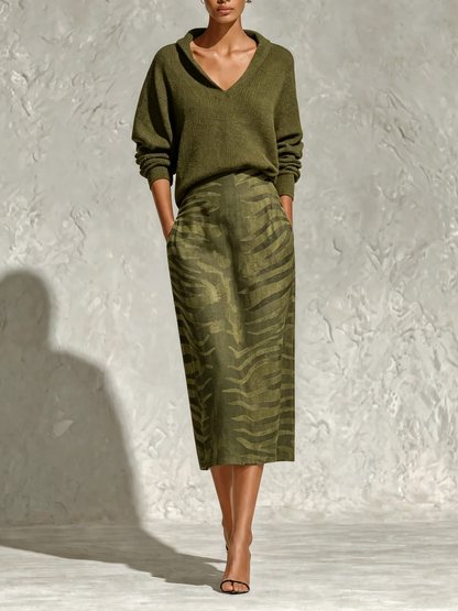 Olive Green Collar Knit Top And Zebra Linen Midi Skirt Two‑Piece Set