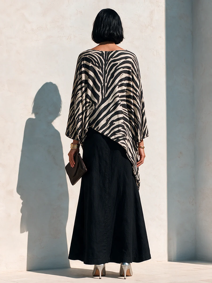 Black Zebra Asymmetrical Top And Black Drape Skirt Two‑Piece Set