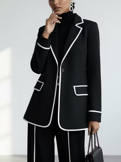 Black Contrast‑Piping Blazer & Wide‑Leg Trouser Two‑Piece Suit Set