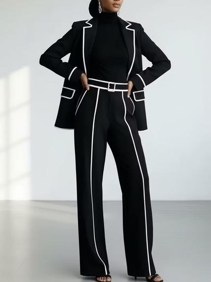 Black Contrast‑Piping Blazer & Wide‑Leg Trouser Two‑Piece Suit Set
