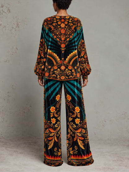 Bohemian Baroque Print V Neck Balloon Sleeve Blouse And Wide-Leg Pant Set