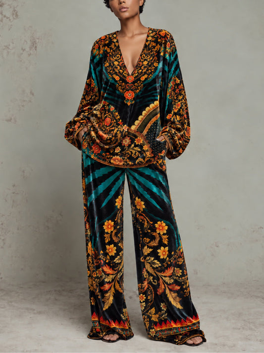 Bohemian Baroque Print V Neck Balloon Sleeve Blouse And Wide-Leg Pant Set