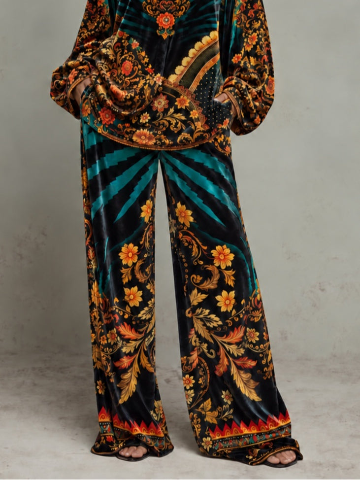 Bohemian Baroque Print V Neck Balloon Sleeve Blouse And Wide-Leg Pant Set