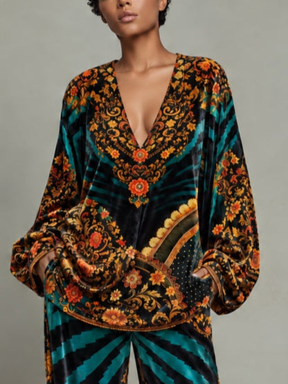 Bohemian Baroque Print V Neck Balloon Sleeve Blouse And Wide-Leg Pant Set