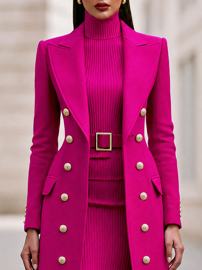 Rose Red Double-Breasted Maxi Coat And Belted Knit Midi Dress Set