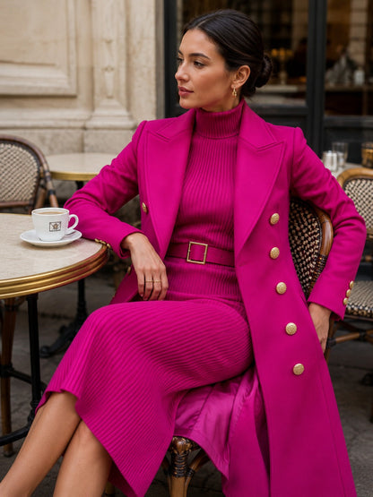 Rose Red Double-Breasted Maxi Coat And Belted Knit Midi Dress Set