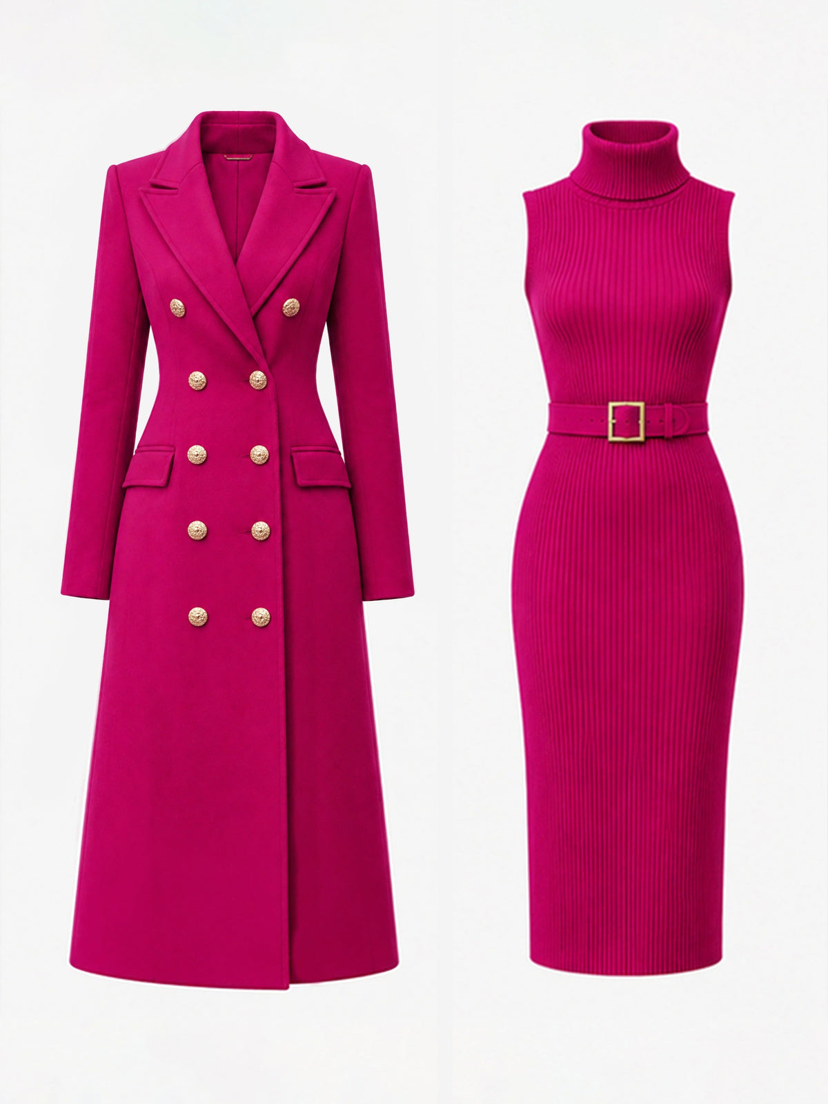 Rose Red Double-Breasted Maxi Coat And Belted Knit Midi Dress Set